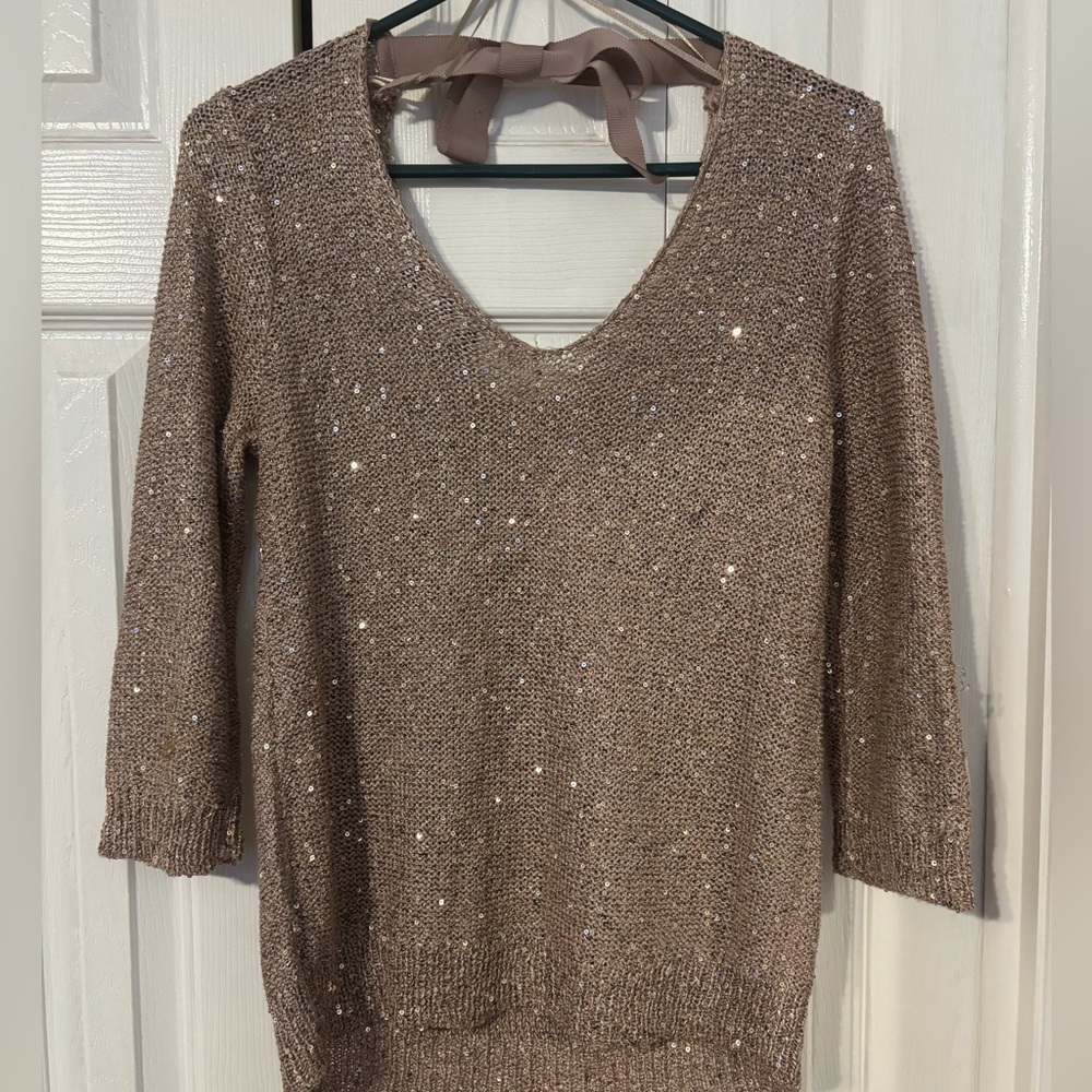 Jennifer Lopez V-Neck Sequin Sweater - Tan